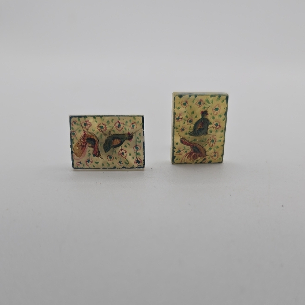 Vintage Hand Painted Rectangular Cufflinks With P… - image 5